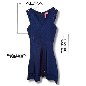 ALYA Knit Bodycon Bandage Dress - Scallop Trim & Chevron Knit - Size Smal